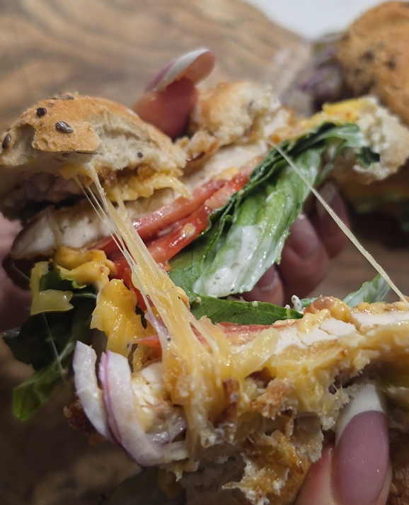 Oven-Baked Chicken Burgers with Cheddar & Crispy Onions