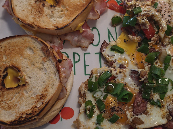 Crispy Bacon & Cheese Bagels with Runny Breakfast Eggs