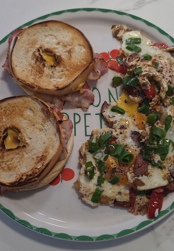 Crispy Bacon & Cheese Bagels with Runny Breakfast Eggs