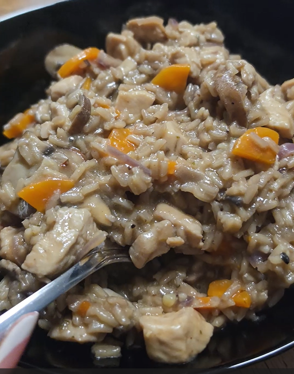 Red wine chicken risotto with mushrooms and vegetables